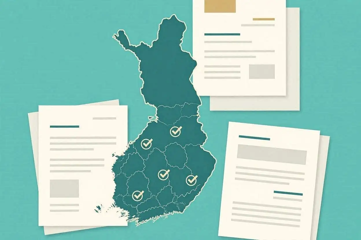 Suomen kartta ja tarkistusmerkkejä viranomaisvalvonnan ja lisenssitietojen arviointiin